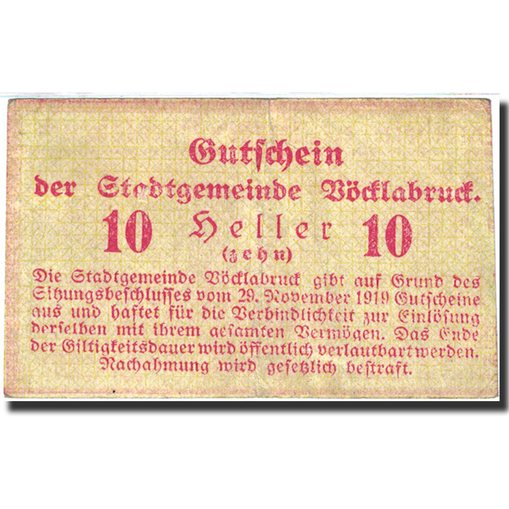 Banknote, Austria, Vocklabruck, 10 Heller, Blason, 1919, 1919-11-29, EF(40-45)