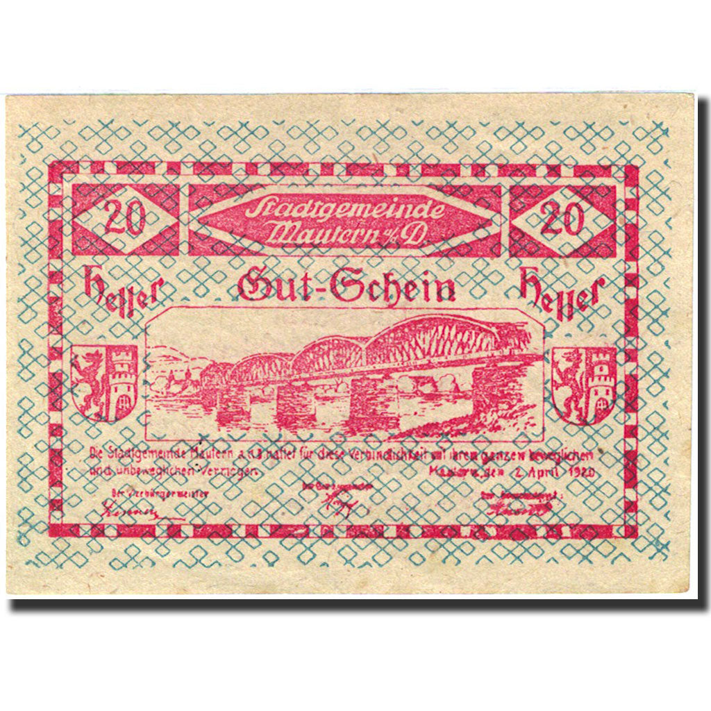 Billet, Autriche, Mautern an der Donau, 20 Heller, pont, 1920, 1920-12-31, SUP
