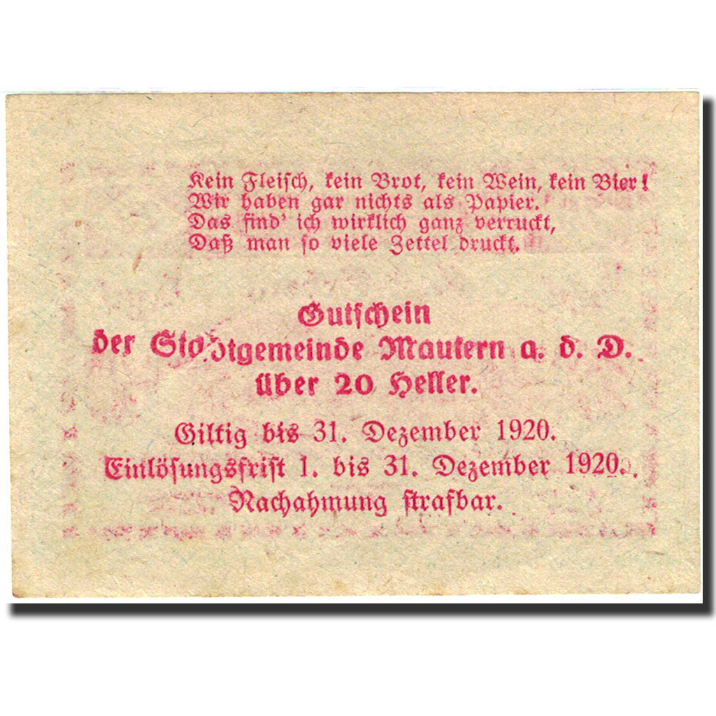 Billet, Autriche, Mautern an der Donau, 20 Heller, pont, 1920, 1920-12-31, SUP
