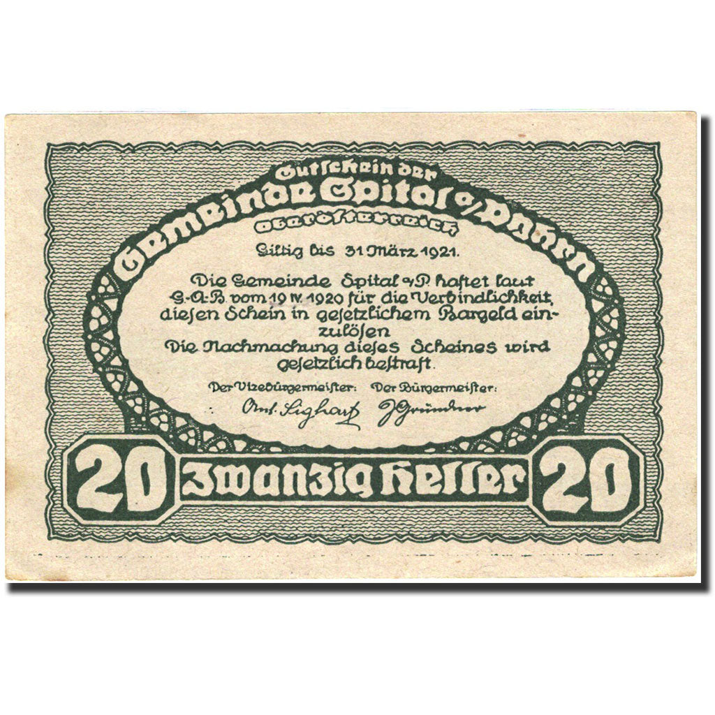 Billet, Autriche, Spital am Pyhrn, 20 Heller, village, 1921, 1921-03-31, SUP