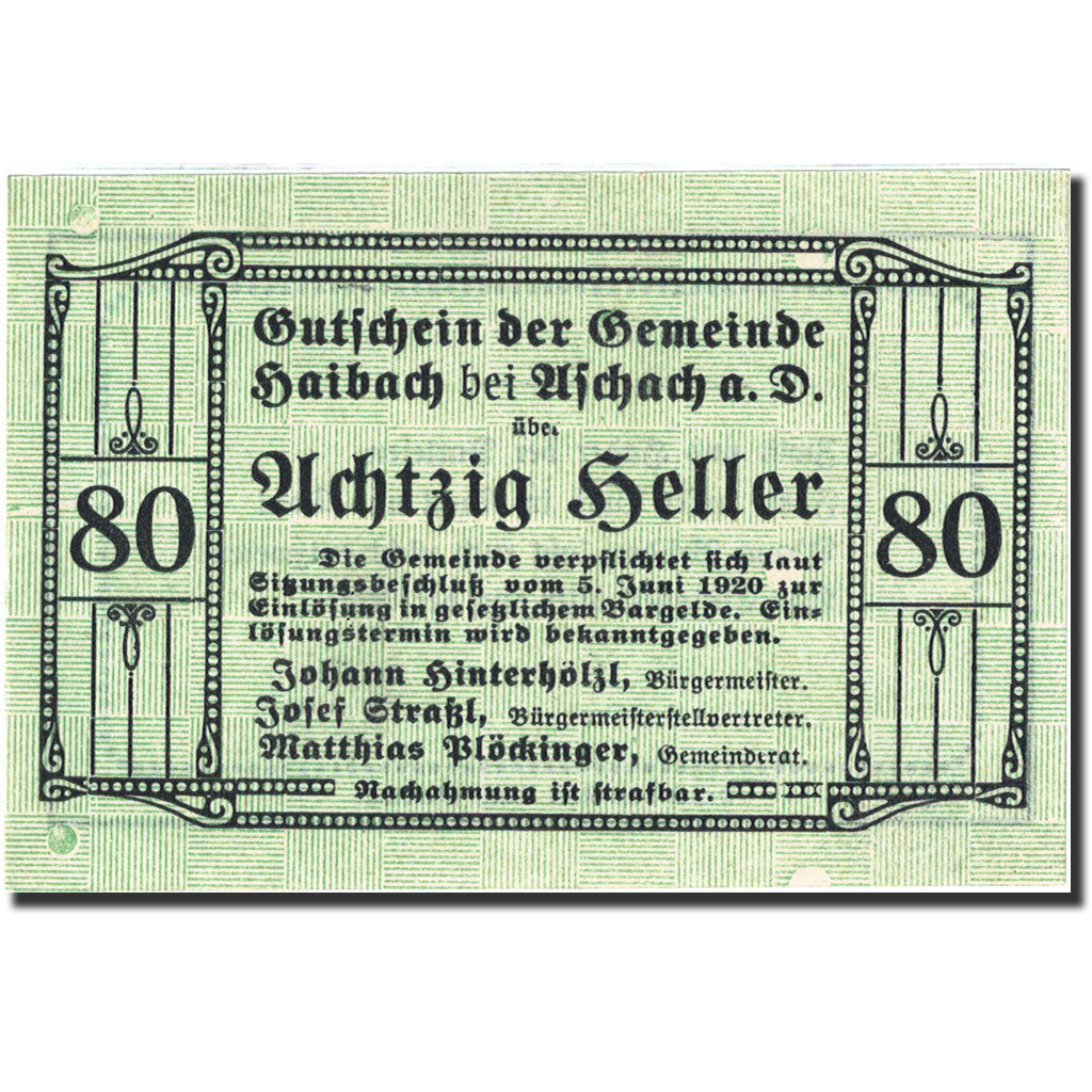 Banknote, Austria, Aschach, 80 Heller, valeur faciale 1920-06-05 UNC (60-62)