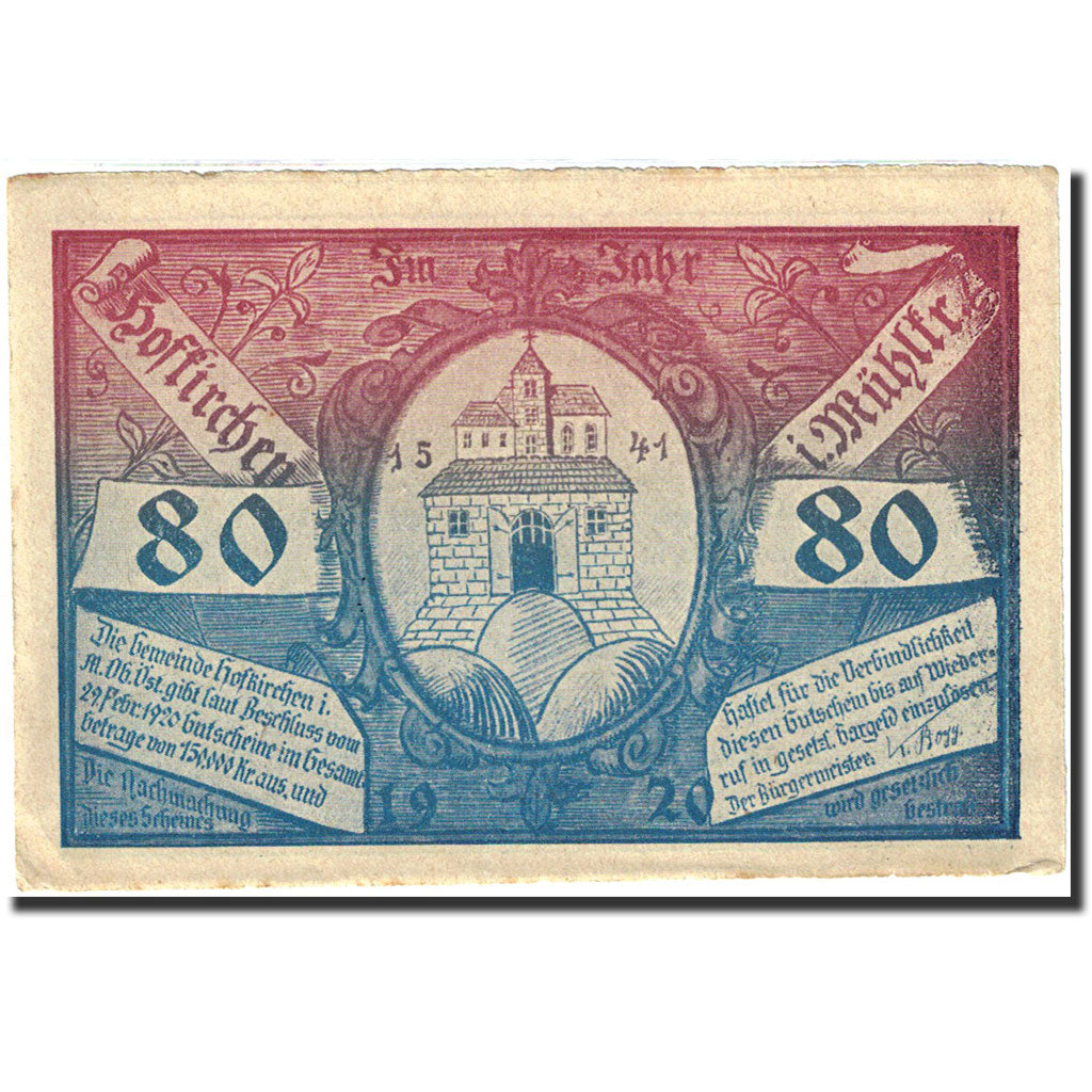 Banknote, Austria, Hofkirchen, 80 Heller, Eglise, 1920, 1920-02-29, AU(55-58)