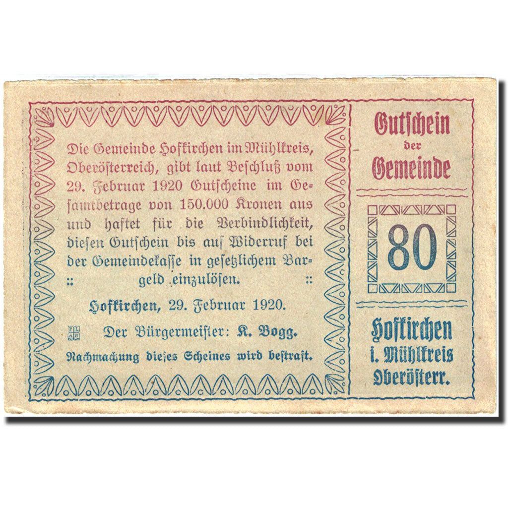 Banknote, Austria, Hofkirchen, 80 Heller, Eglise, 1920, 1920-02-29, AU(55-58)