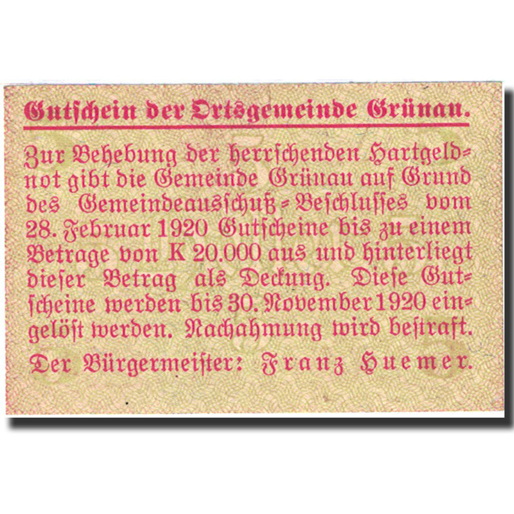 Banknote, Austria, Grünau, 5 Heller, ferme, 1920, 1920-11-30, UNC(63)