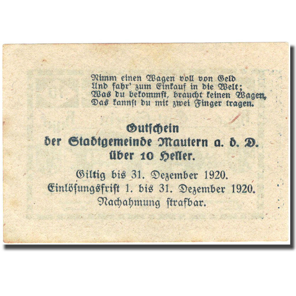 Banconote, Austria, Mautern an der Donau, 10 Heller, pont 1920-12-31, AU (55-58)
