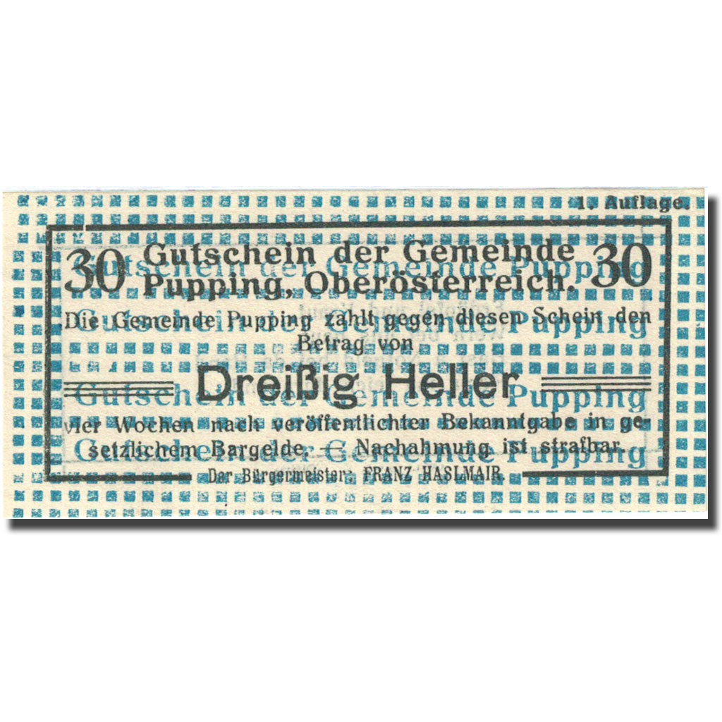 Banknote, Austria, Pupping, 30 Heller, valeur faciale, 1920, 1920-12-31, UNC(63)