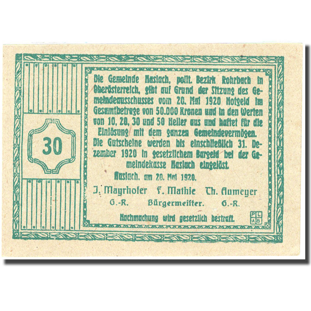 Banknote, Austria, Haslach, 30 Heller, Eglise, 1920, 1920-12-31, UNC(63)