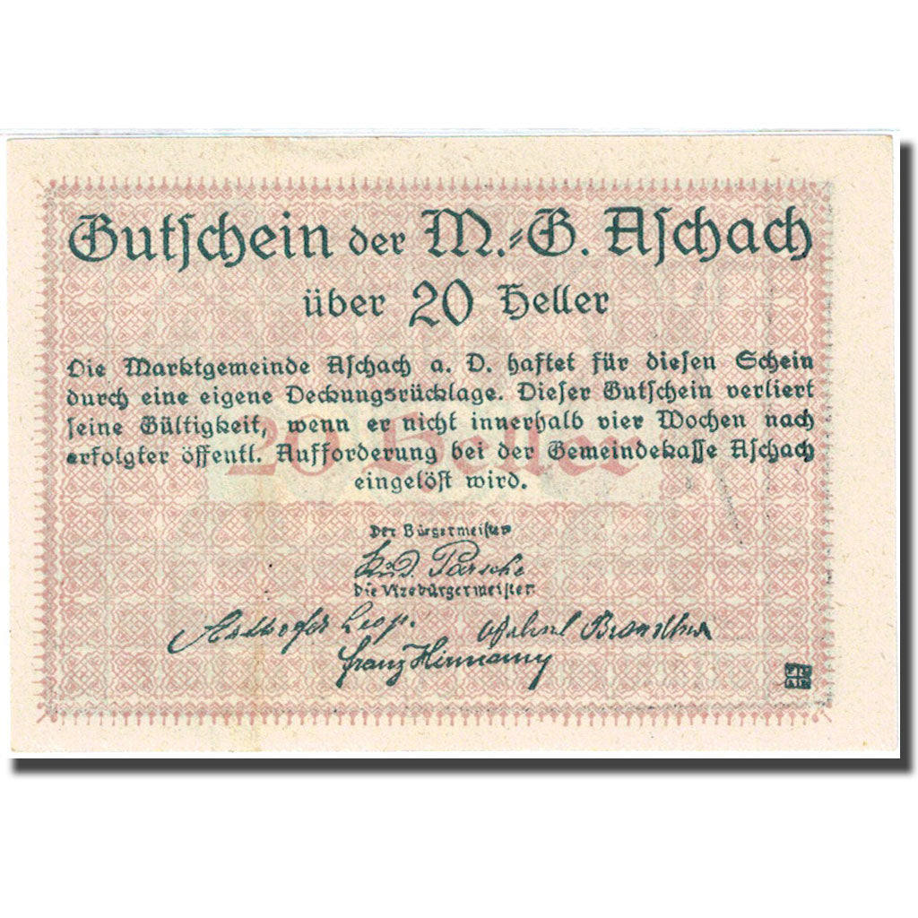 Banknote, Austria, Aschach an der Donau, 20 Heller, Blason 1920-12-31 UNC (64)