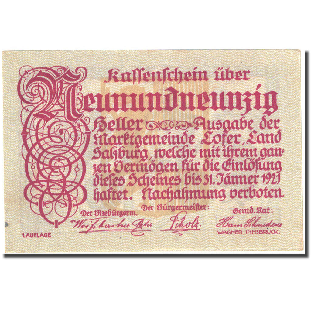 Billet, Autriche, Salzburg, 99 Heller, Monument, 1921, 1921-01-31, SUP