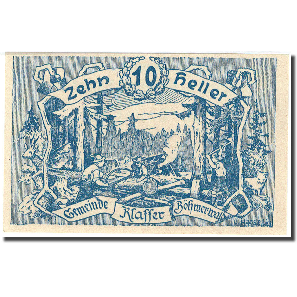 Banknote, Austria, Klaffer, 10 Heller, bûcheron, 1921, 1921-03-31 blue UNC(63)