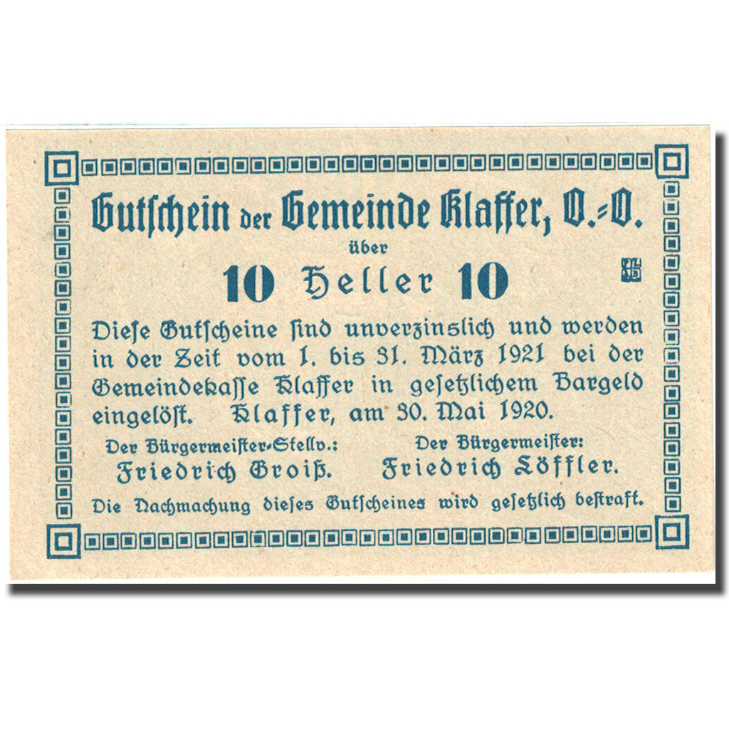 Banknote, Austria, Klaffer, 10 Heller, bûcheron, 1921, 1921-03-31 blue UNC(63)