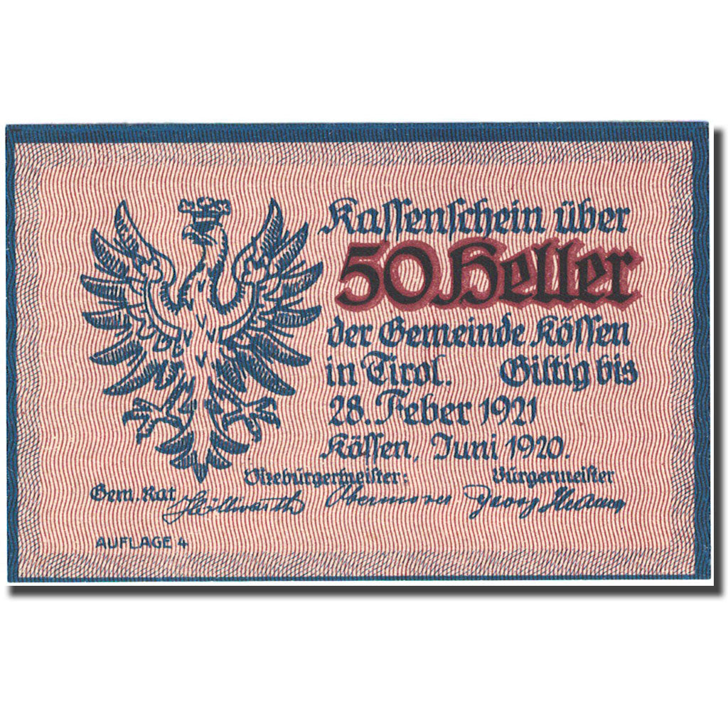 Banknote, Austria, Koffen in Tirol, 50 Heller, manoir, 1921, 1921-02-28, UNC(63)