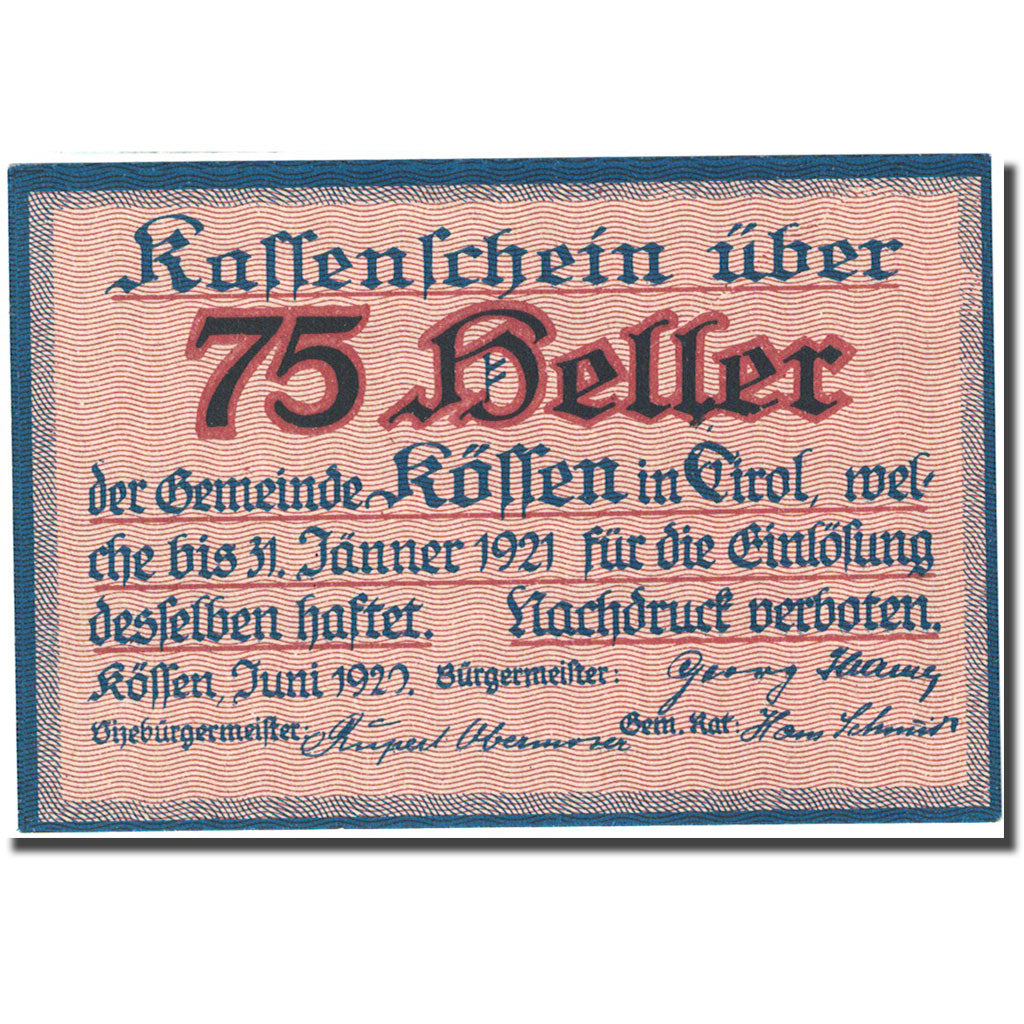Banknote, Austria, Koffen in Tirol, 75 Heller, village 1921, 1921-01-31, UNC(63)