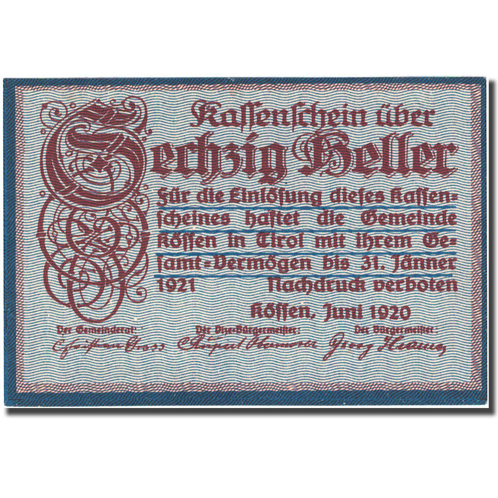 Banknote, Austria, Koffen in Tirol, 60 Heller, chalet, 1921, 1921-01-31, UNC(63)