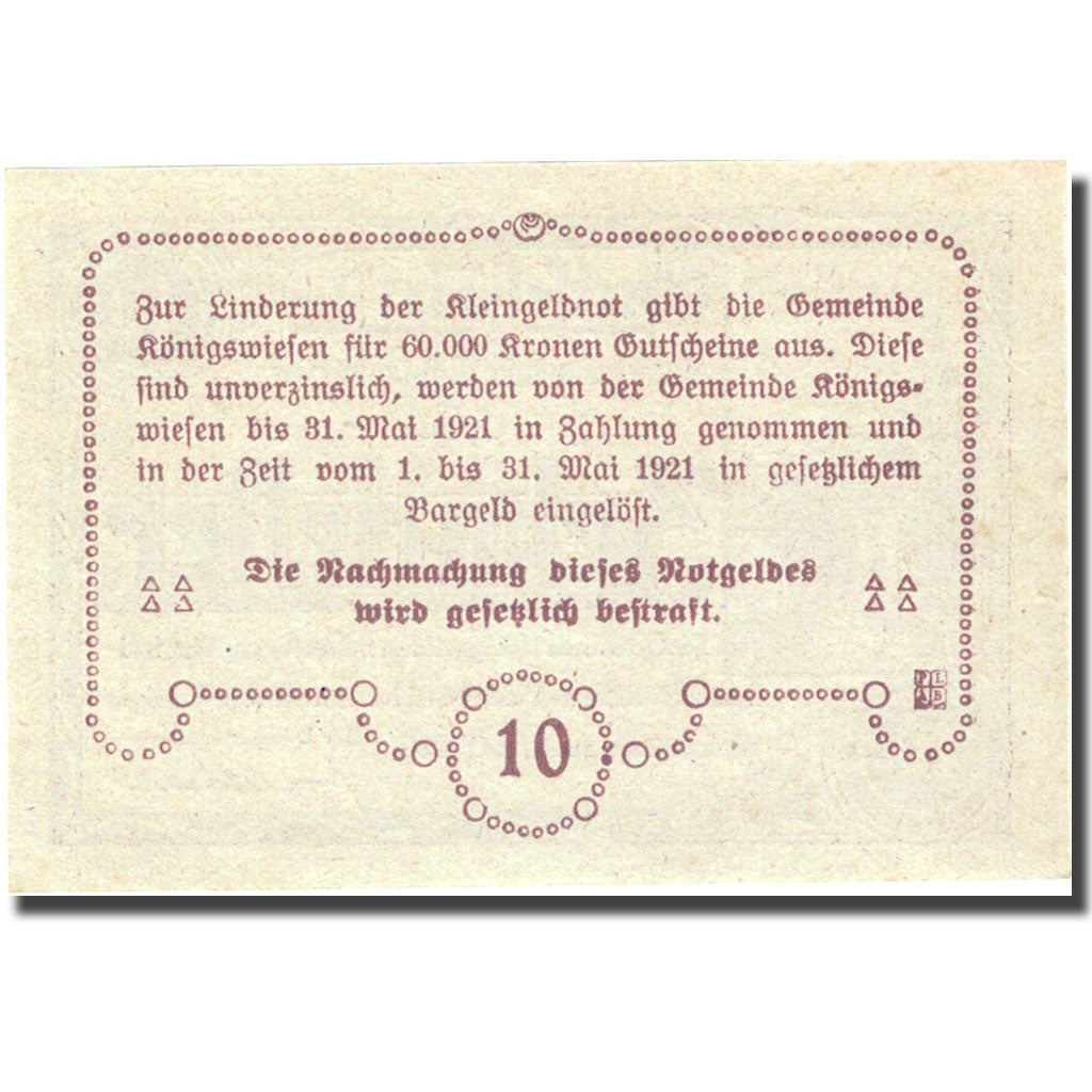 Banconote, Austria, Konigswiesen, 10 Heller, village, 1921, 1921-05-31, SPL+
