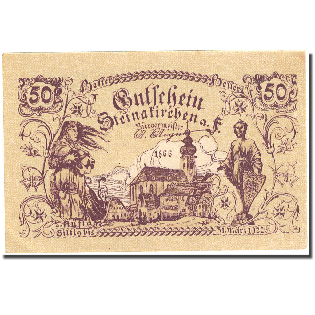 Banknote, Austria, Steinakirchen am F, 50 Heller, personnage, 1922 , EF (40-45)