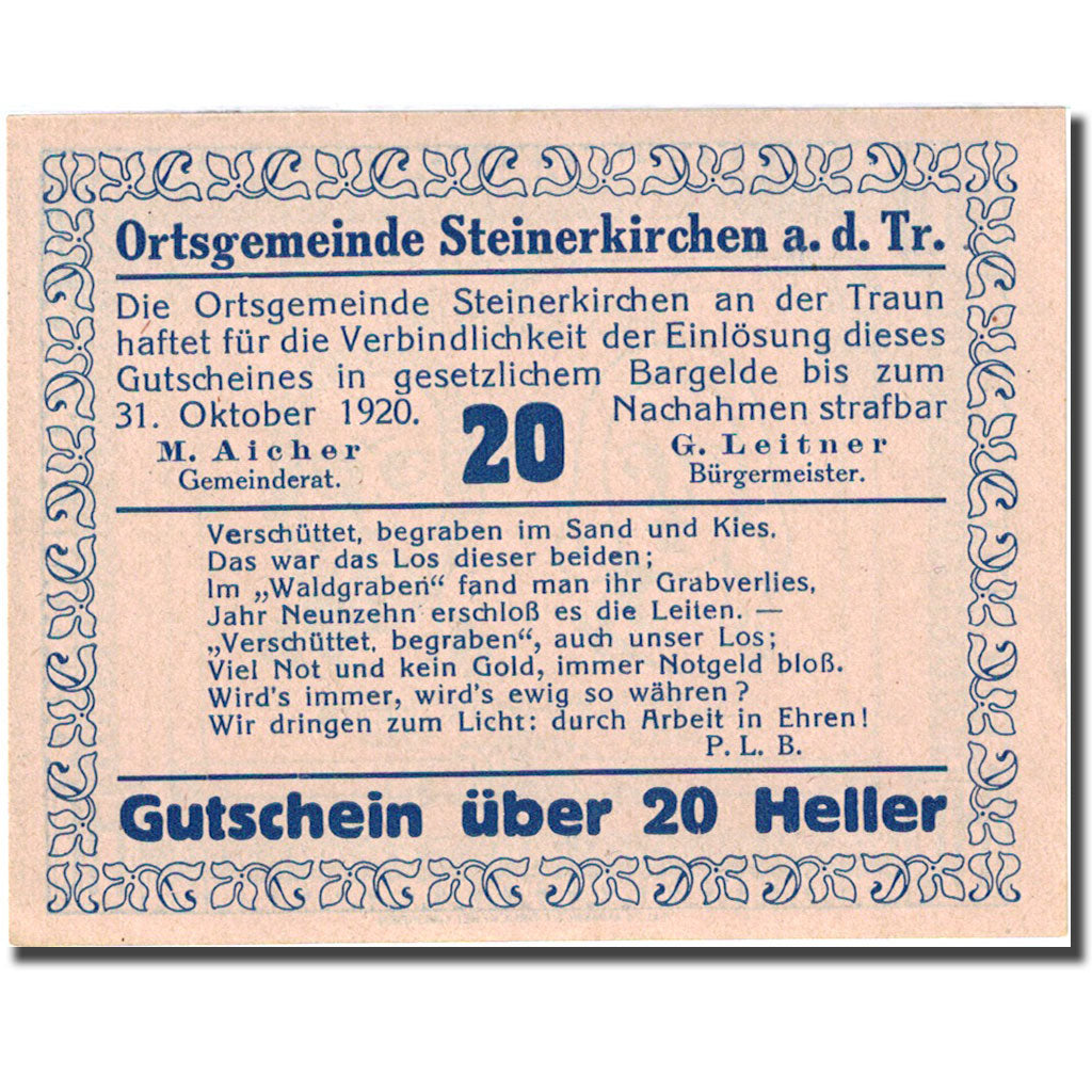 Banknote Austria Steinerkirchen an der Traun 20 Heller personnage 1920 UNC (64)