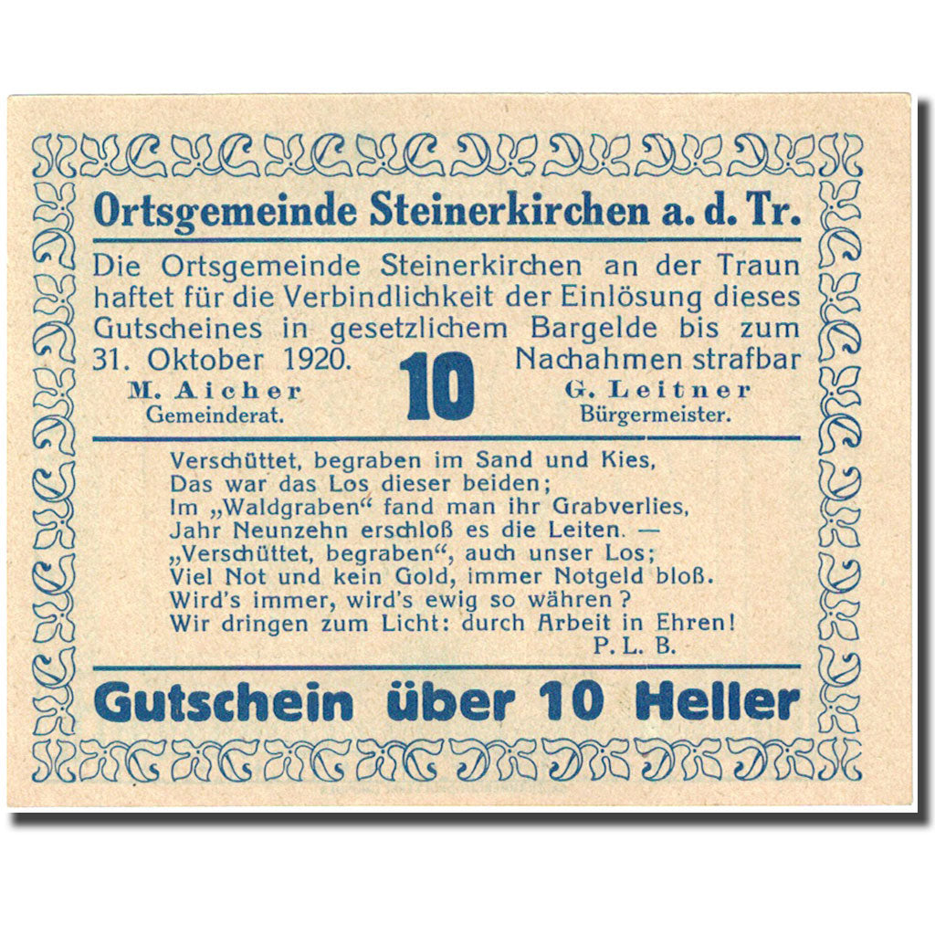 Banknote, Austria, Steinerkirchen, 10 Heller, personnage 1920-10-31, UNC (64)