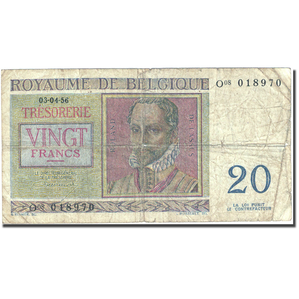 Banknote, Belgium, 20 Francs, 1948-1950, 1956-04-03, KM:132b, VG(8-10)