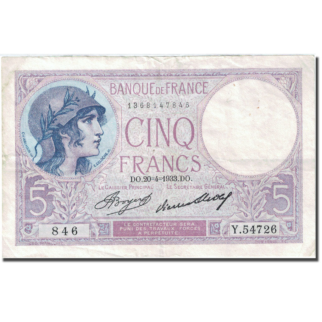 Francia, 5 Francs, 5 F 1917-1940 ''Violet'', 1917, 1933-04-20, BB, Fayette:3.17