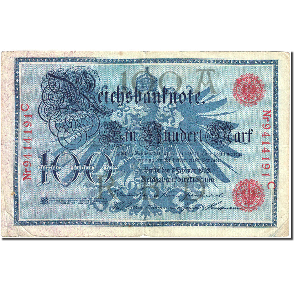 Geldschein, Deutschland, 100 Mark, 1908, 1908-02-07, KM:33a, S+