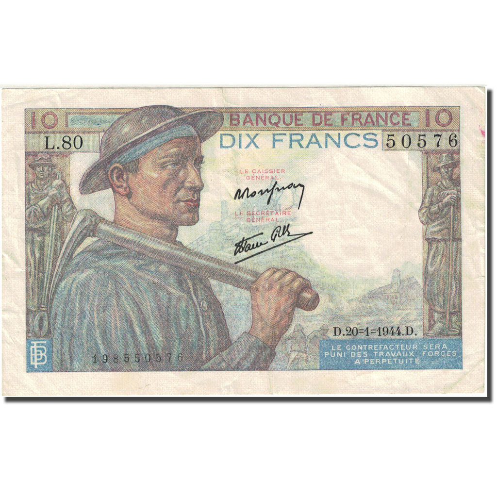 Frankrijk, 10 Francs, 10 F 1941-1949 ''Mineur'', 1941, 1944-01-20, TTB+, KM:99c