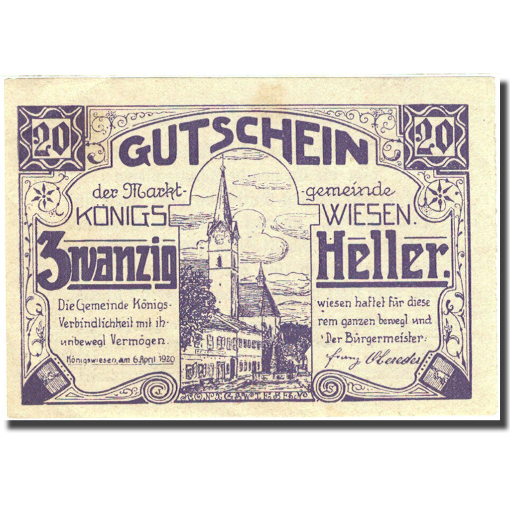 Banknote, Austria, Konigswiesen, 20 Heller, Eglise, 1921, 1921-05-31, AU(55-58)