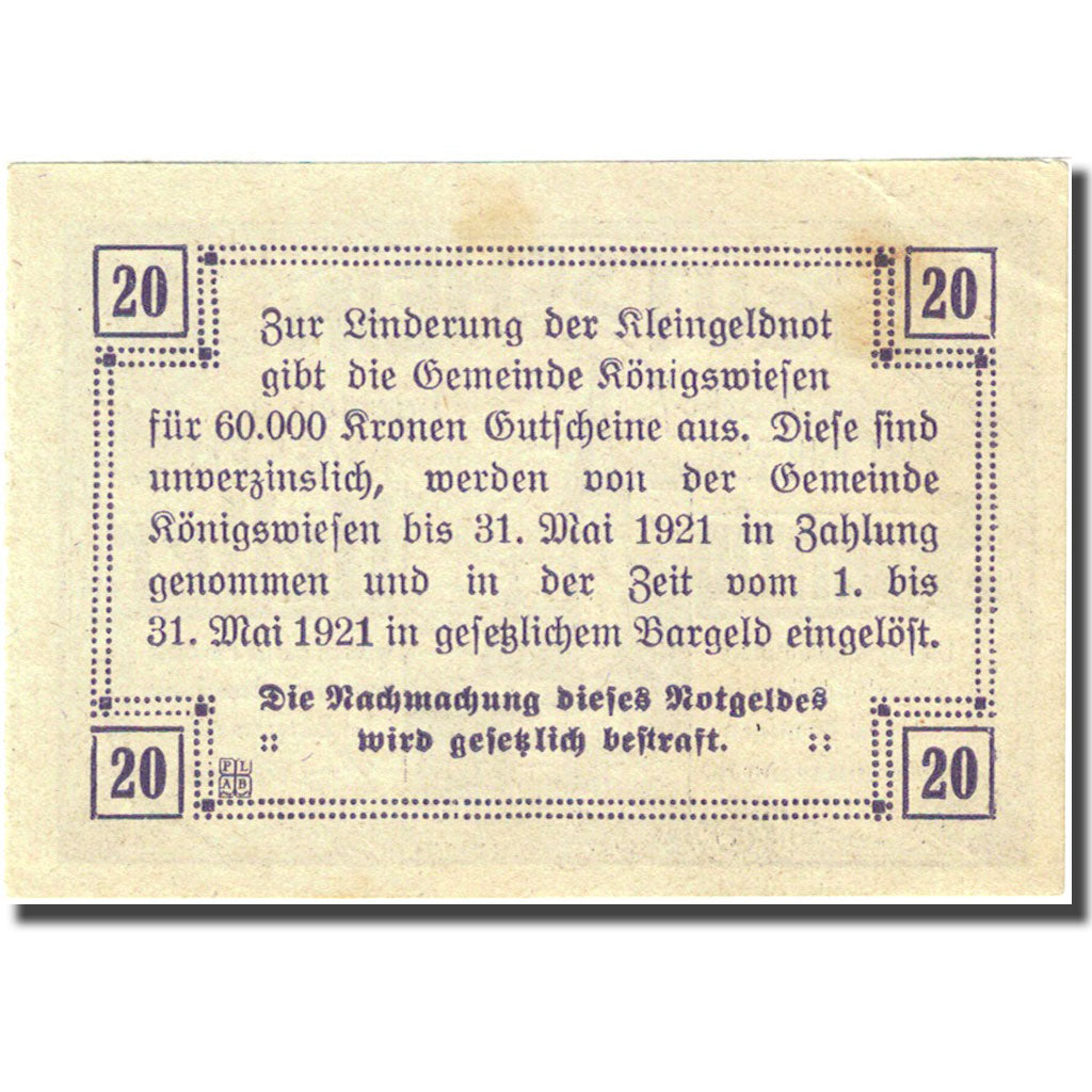 Banknote, Austria, Konigswiesen, 20 Heller, Eglise, 1921, 1921-05-31, AU(55-58)