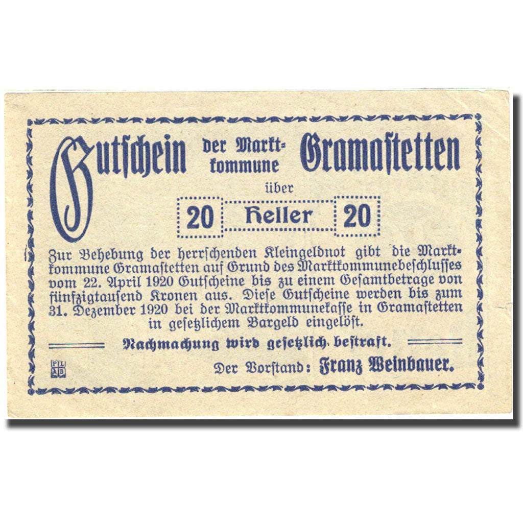 Banknote, Austria, Gramastetten, 20 Heller, personnage, 1920, 1920-12-31