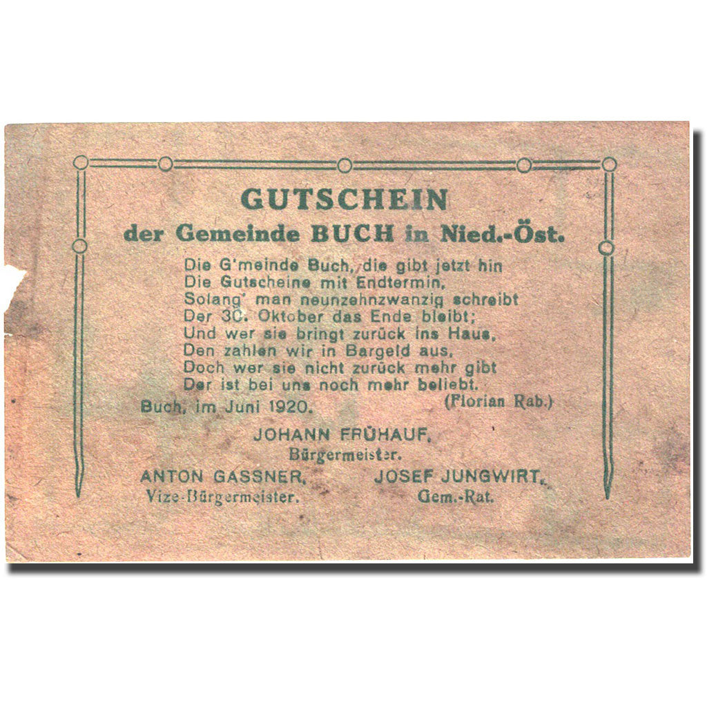 Banknote, Austria, Buch, 20 Heller, Monument, 1920, 1920-10-30, VF(20-25)