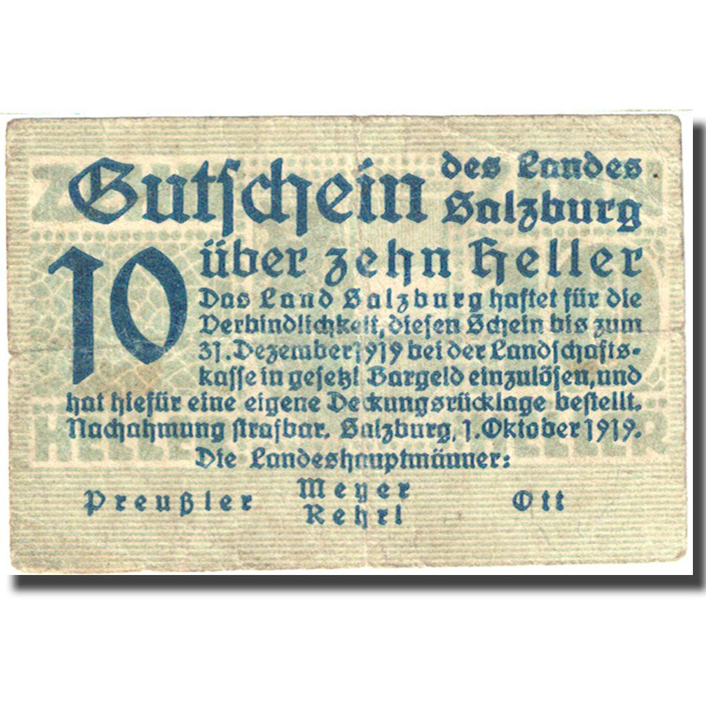 Banconote, Austria, Salzburg, 10 Heller, valeur faciale, 1919, 1919-12-31, MB