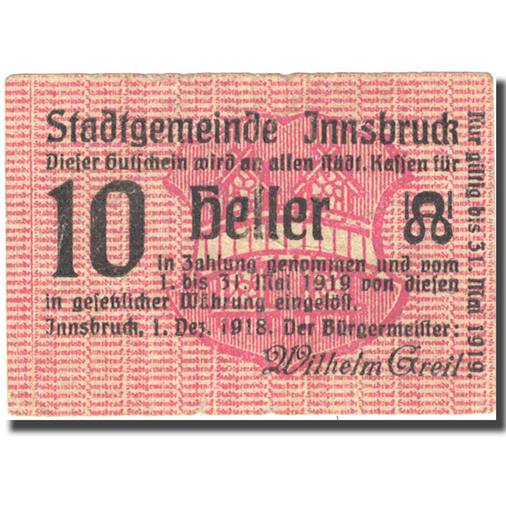 Billete, Austria, Innsbruck, 10 Heller, valeur faciale, 1919, 1919-05-31, BC