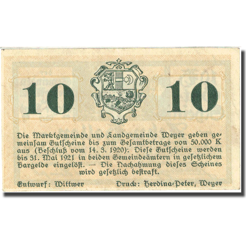 Banknote, Austria, Weyer, 10 Heller, pont, 1921, 1921-05-31, UNC(60-62)