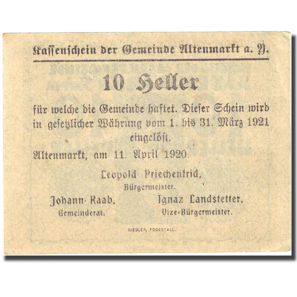 Billet, Autriche, Altenmarkt, 10 Heller, Blason, 1921, 1921-03-31, SUP