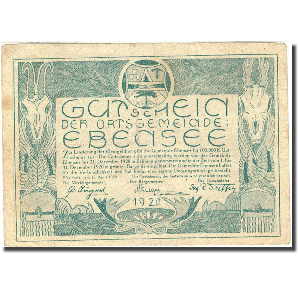 Banknote, Austria, Ebensee, 10 Heller, bateau, 1920, 1920-12-31, VF(20-25)