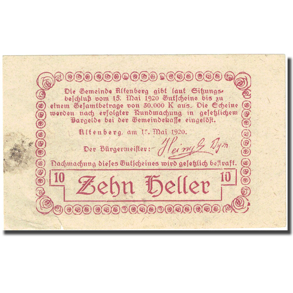 Banknote, Austria, Altenberg, 10 Heller, Monument, 1920, 1920-05-15, EF(40-45)
