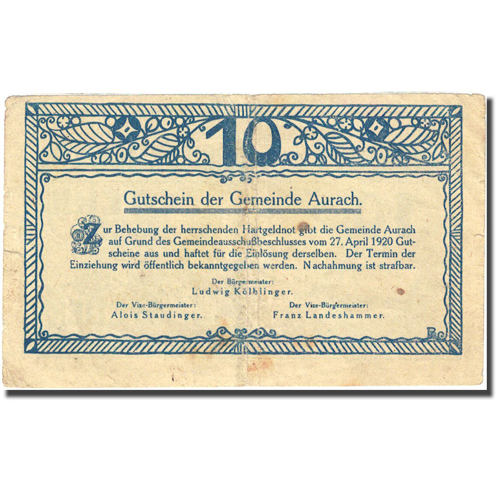 Banknote, Austria, Aurach, 10 Heller, Eglise, 1920, 1920-04-27, VF(20-25)