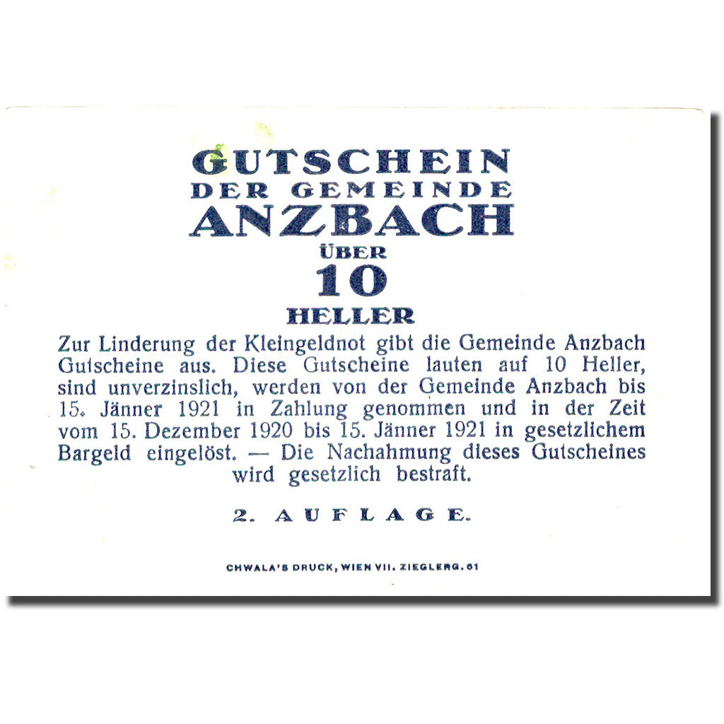 Banknote, Austria, Anzbach, 10 Heller, Eglise, 1921, 1921-01-15, EF(40-45)