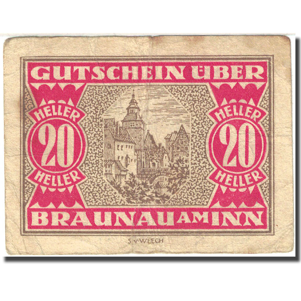 Banknote, Austria, Braunau am Inn, 20 Heller, village, 1920, 1920-12-31