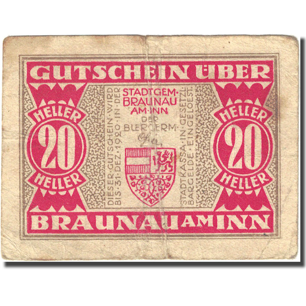 Banknote, Austria, Braunau am Inn, 20 Heller, village, 1920, 1920-12-31