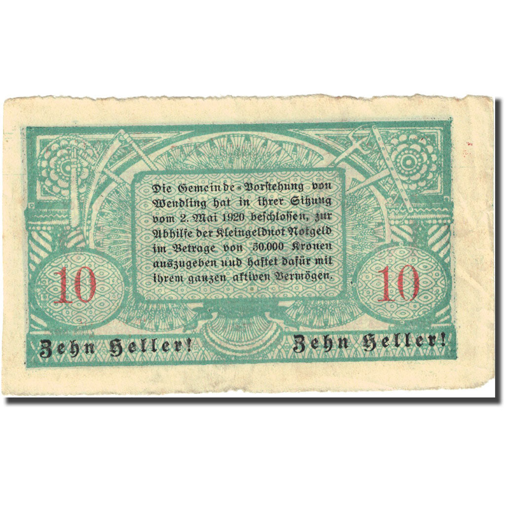 Banknote, Austria, Wendling, 10 Heller, paysage, 1920, 1920-05-02, VF(20-25)