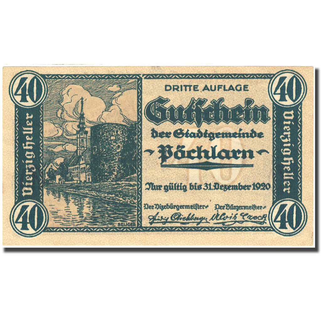 Banconote, Austria, Pochlarn, 40 Heller, château, 1920, 1920-12-31, SPL