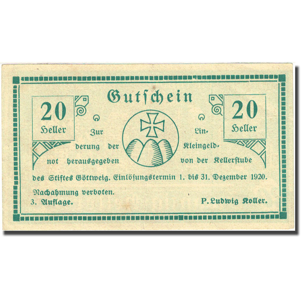 Banknote, Austria, Göttweig, 20 Heller, Abbaye, 1920, 1920-12-31, AU(55-58)