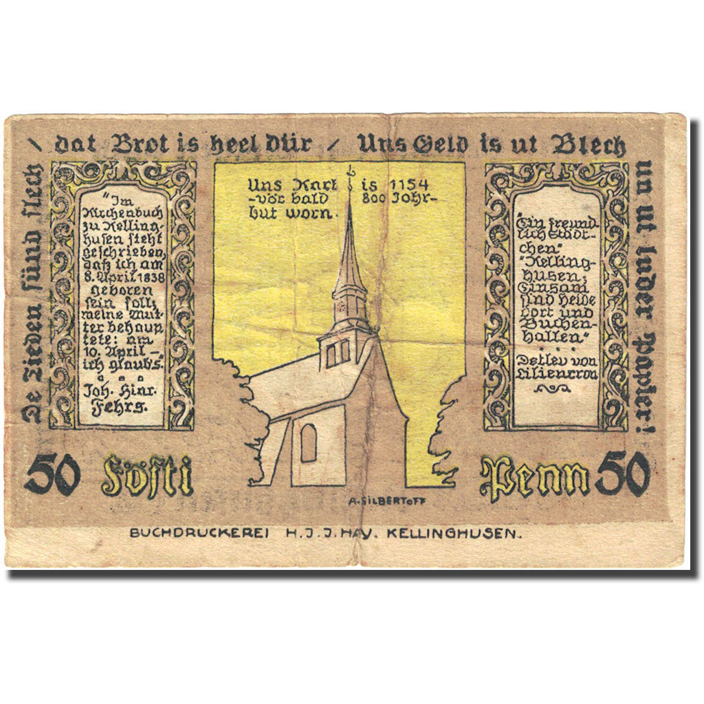 Banknote, Germany, Kellinghusen, 50 Pfennig, Eglise, 1920, 1920-08-06