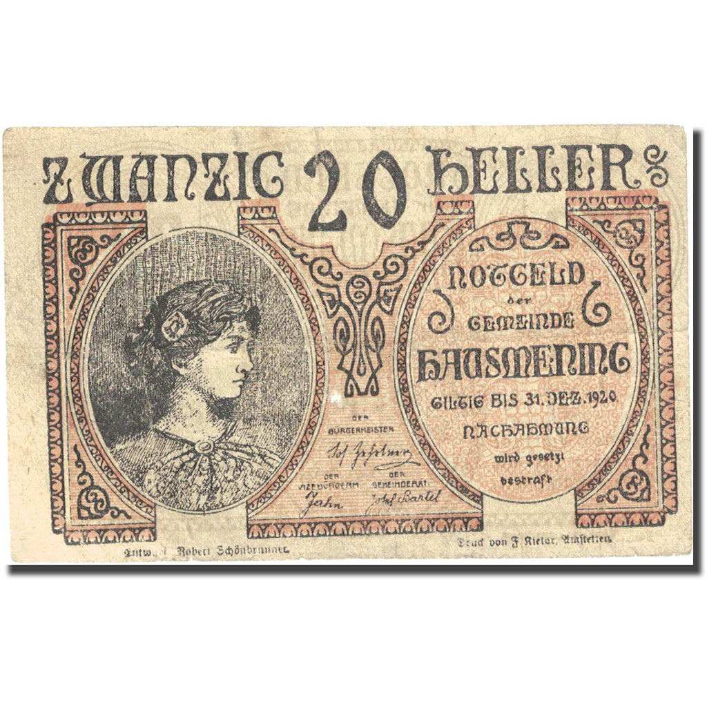 Banknote, Austria, Hausmening, 20 Heller, personnage, 1920, 1920-12-31
