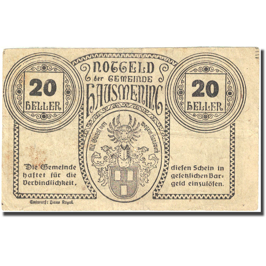 Banknote, Austria, Hausmening, 20 Heller, personnage, 1920, 1920-12-31