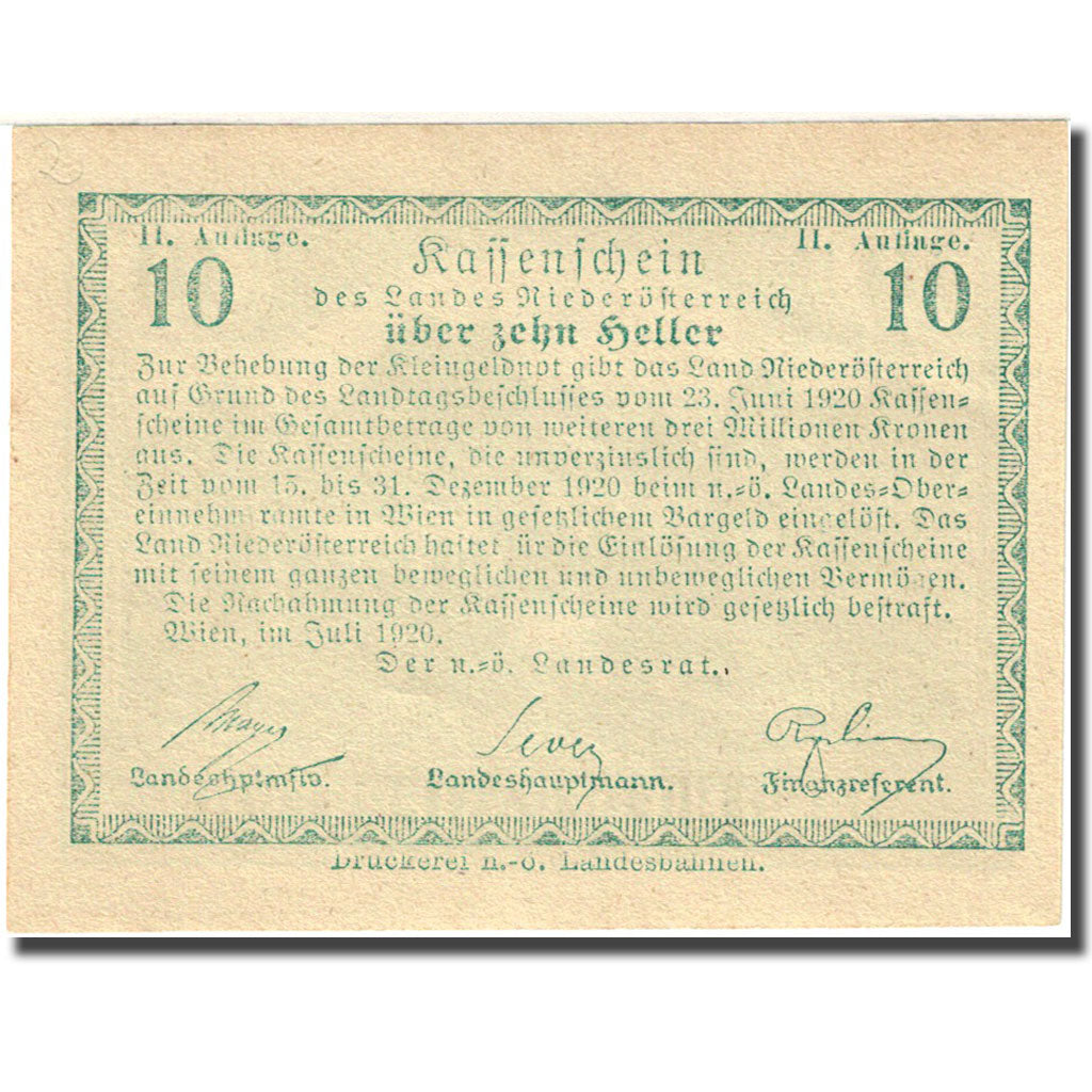 Banknote, Austria, Vienne, 10 Heller, agriculteur, 1920, 1920-12-31, UNC(63)