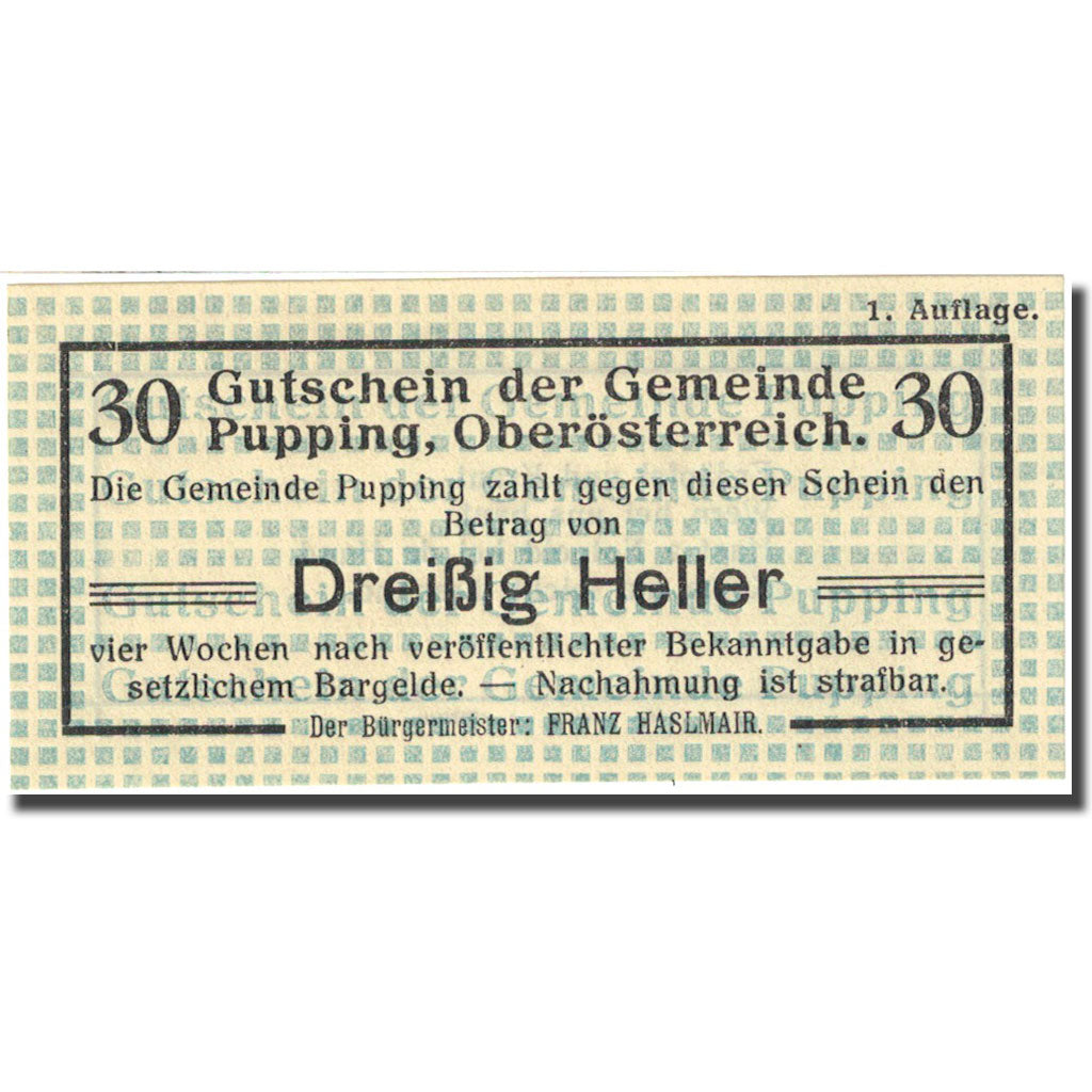 Banknote, Austria, Pupping, 30 Heller, valeur faciale, 1920, 1920-12-31