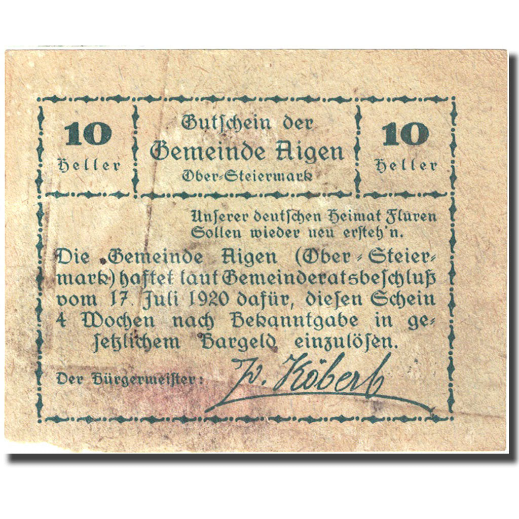 Banknote, Austria, Aigen, 10 Heller, montagne, 1920, 1920-07-17, VF(20-25)