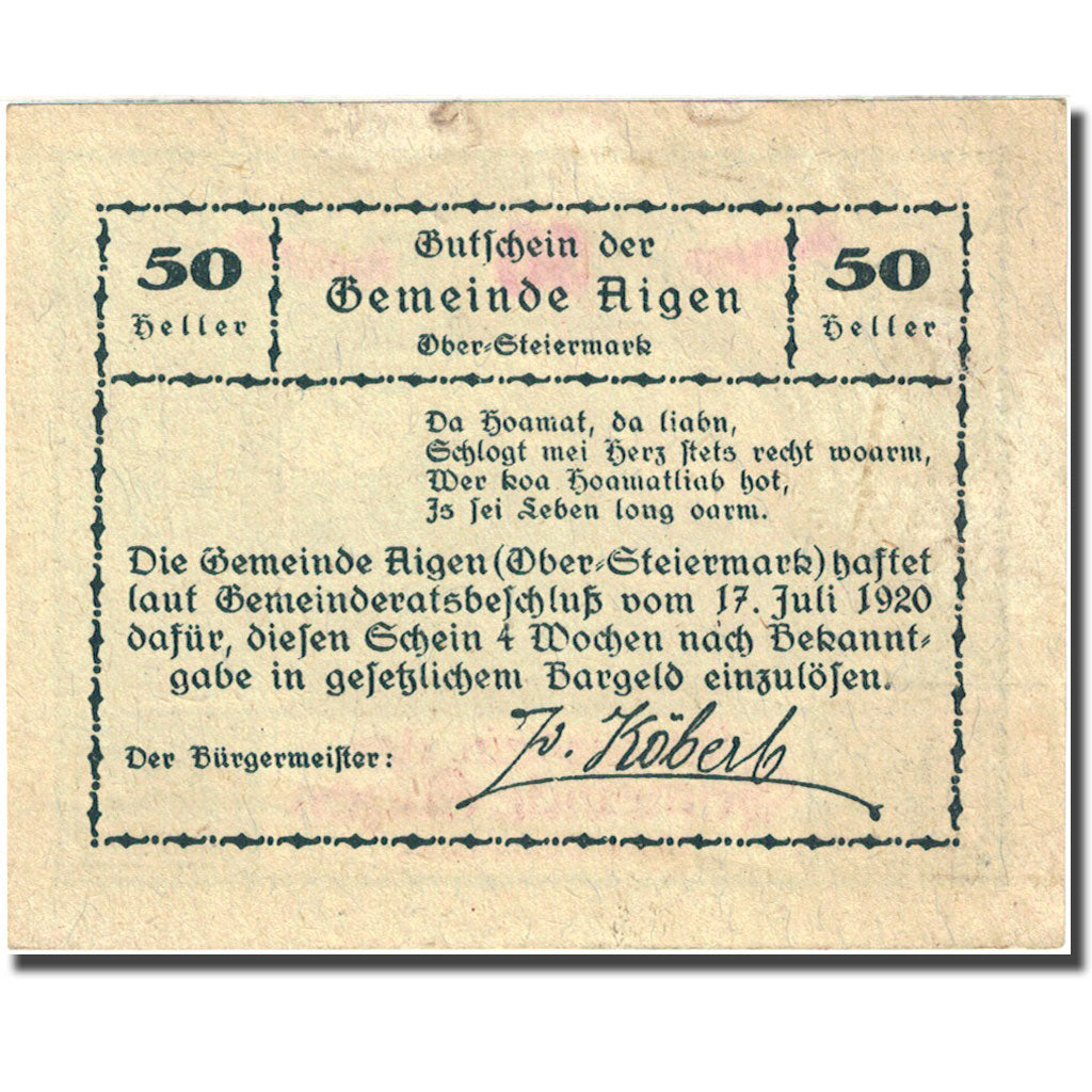 Geldschein, Österreich, Aigen, 50 Heller, montagne 1920-07-17 purple SS+